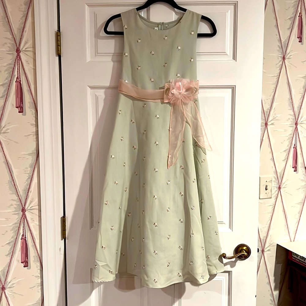 Bonnie Jean Girl’s Party Dress, Pale Green with Pink Ribbon Sash, Ankle Length